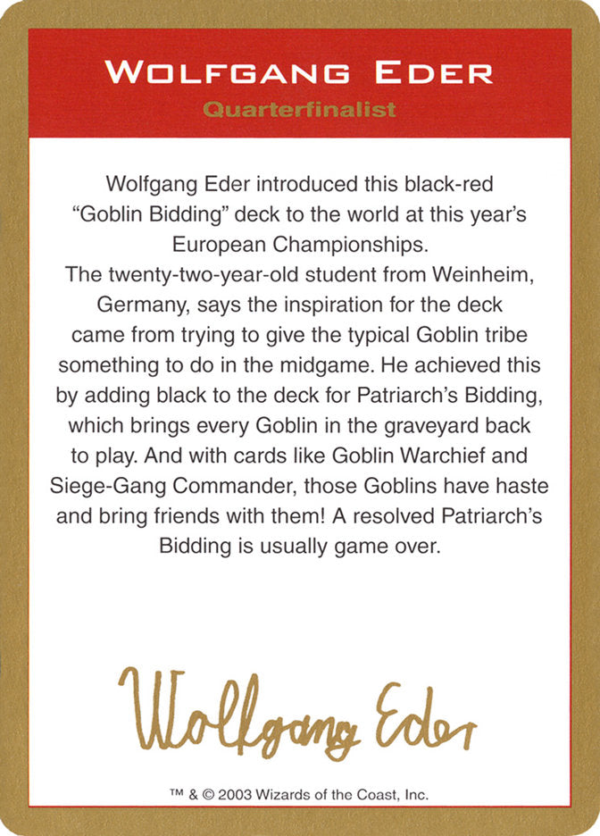 Wolfgang Eder Bio [World Championship Decks 2003] | Spectrum Games
