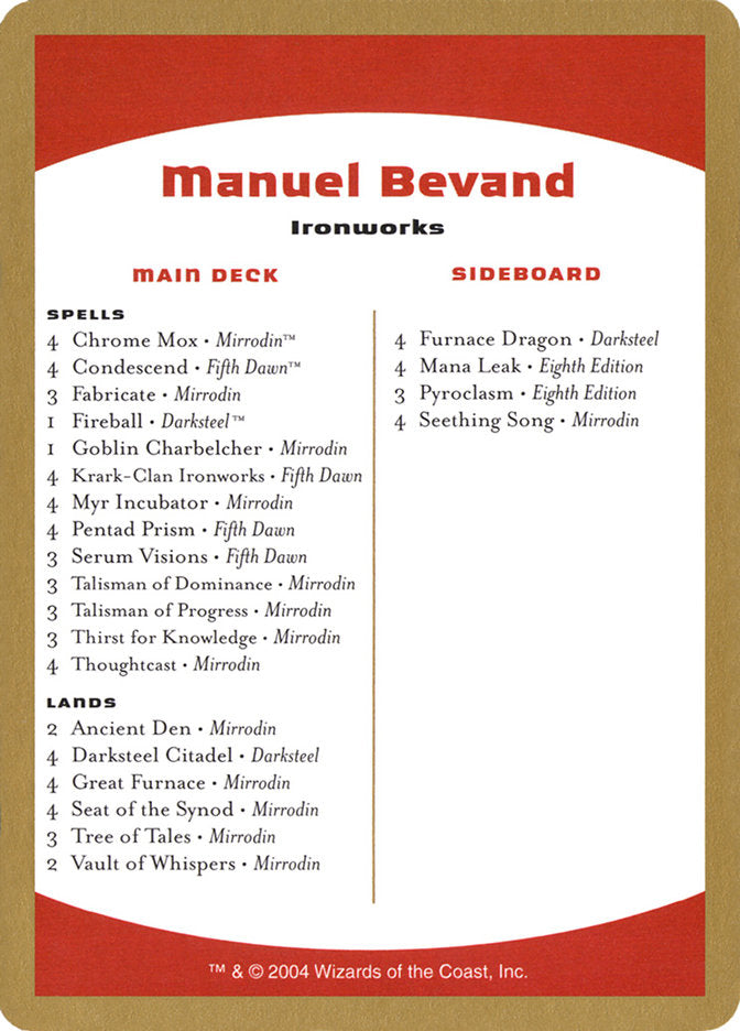 Manuel Bevand Decklist [World Championship Decks 2004] | Spectrum Games