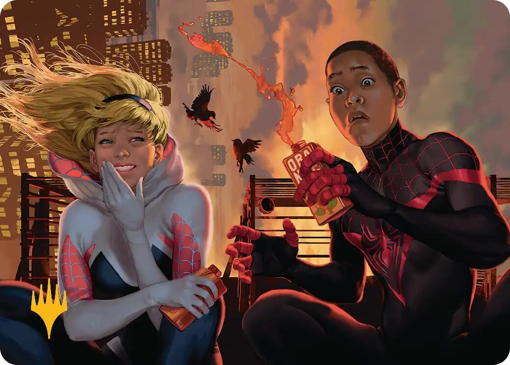 Heroes' Hangout Art Card (Gold-Stamped Planeswalker Symbol) [Marvel's Spider-Man Art Series] | Spectrum Games