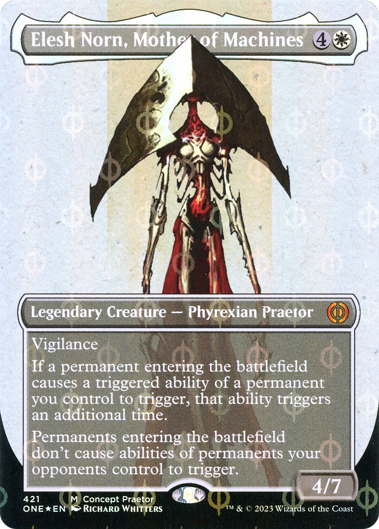 Elesh Norn, Mother of Machines (Borderless Concept Praetors Step-and-Compleat Foil) [Phyrexia: All Will Be One] | Spectrum Games