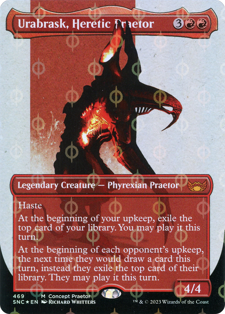Urabrask, Heretic Praetor (Borderless Concept Praetors Step-and-Compleat Foil) [Phyrexia: All Will Be One] | Spectrum Games