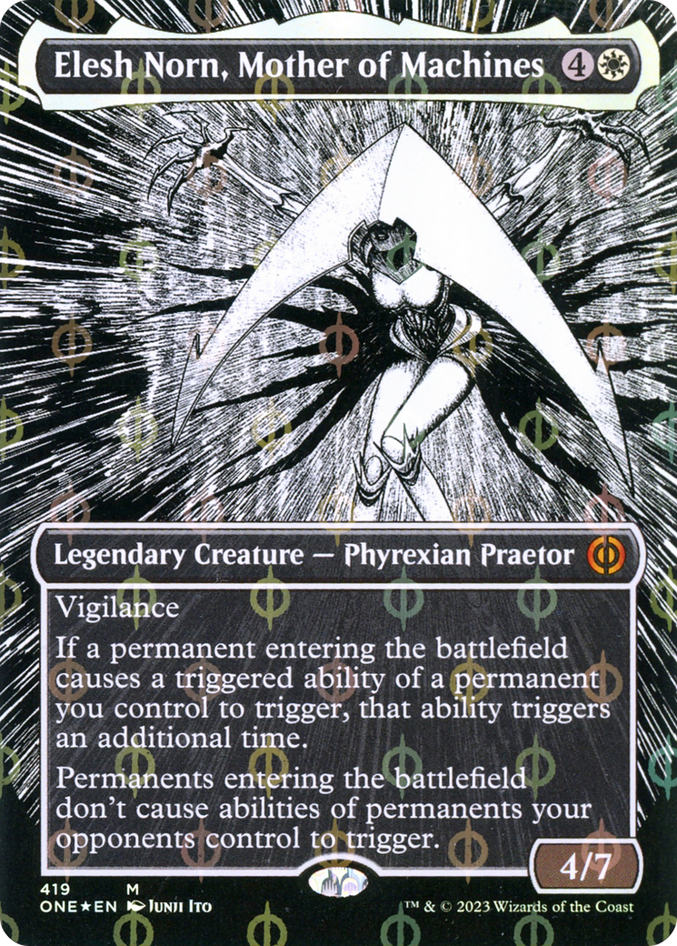 Elesh Norn, Mother of Machines (Borderless Manga Step-and-Compleat Foil) [Phyrexia: All Will Be One] | Spectrum Games