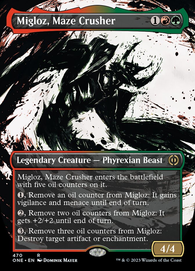 Migloz, Maze Crusher (Borderless Ichor Step-and-Compleat Foil) [Phyrexia: All Will Be One] | Spectrum Games